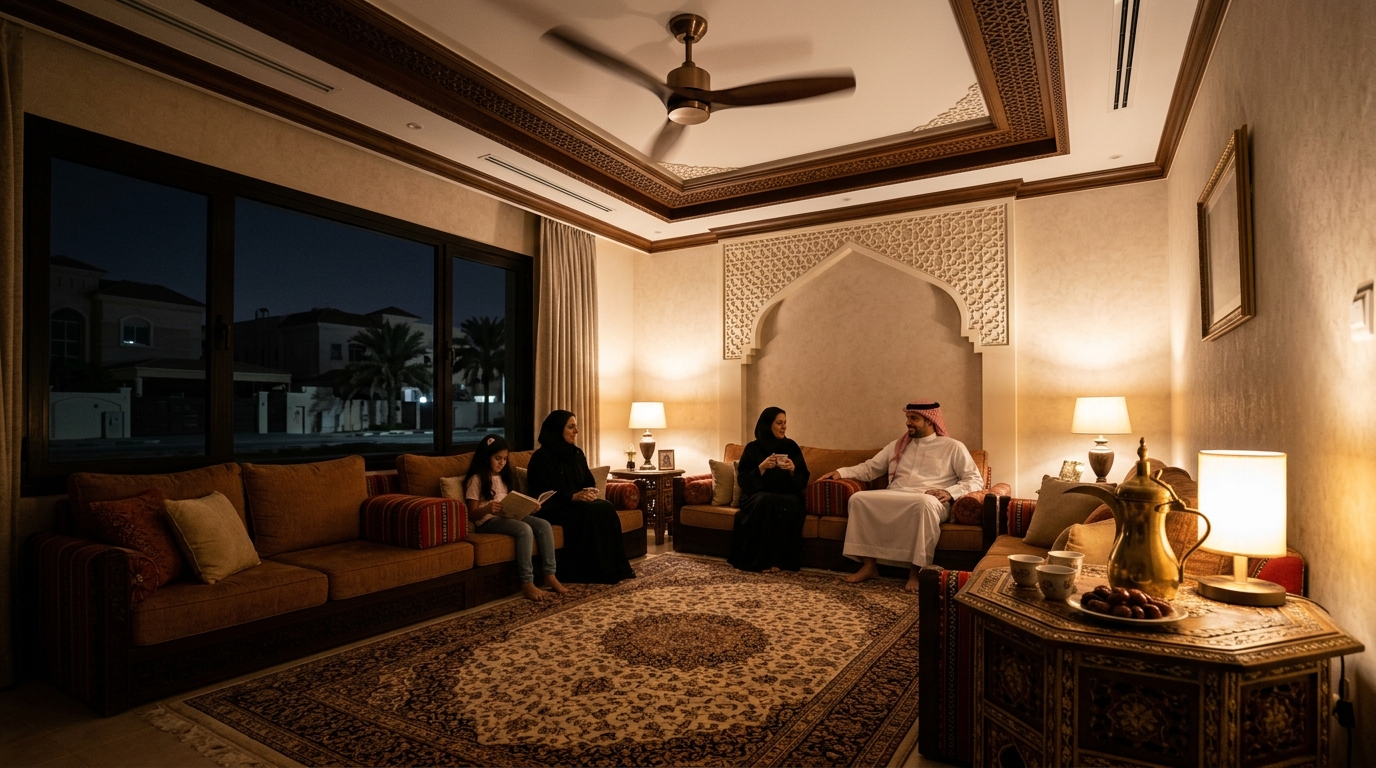 Home interior lit by solar power after sunset